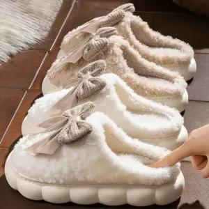 클린바이 사무실거실 여성용 가을겨울 면슬리퍼 푹신한 미끄럼방지 두꺼운밑창 리본 따뜻한 겨울실내화