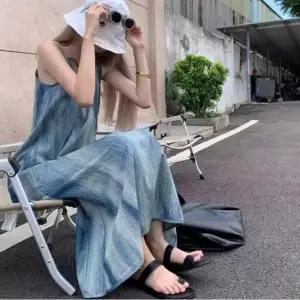 여성 여름 휴가룩 여행룩 나염 잉크블루 롱스커트