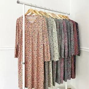 여성 플로럴 피치기모 루즈핏 긴팔 원피스 파자마 여자 가을 겨울 수면 잠옷