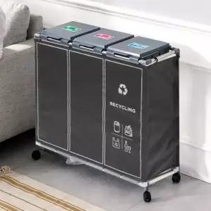 가정용 카페 사무실 이동식 국내산 재활용 분리수거 덮개 3단 커버형 바퀴형 다용도 쓰레기통 대형 플라스틱 비닐 캔 유리 수거 대용량