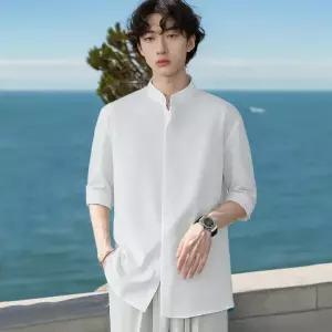 남자 깔끔한 여름 헨리넥 차이나카라 루즈핏 찰랑 5부 반팔셔츠 남방 정장셔츠