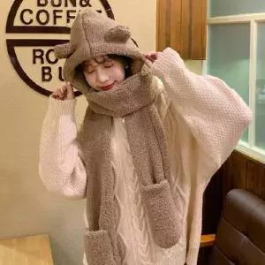 귀여운 양털 목도리 모자 후드 넥워머 장갑 일체형