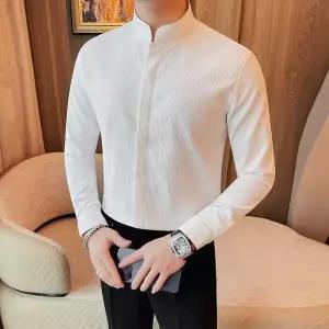 스탠드카라 셔츠 차이나카라 밴드카라 남방 봄/가을용 남자 남성 슬림핏 스탠드 칼라 단색 무지 긴팔 구김