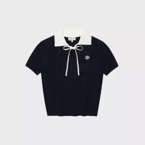 반팔티 KQJ WA2602KT64DN 우먼스 리본 카라 반팔 니트 네이비