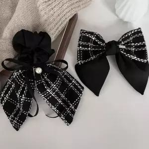 LOTOA-25 체크 패턴 빅리본 헤어끈 헤어핀 2종 세트 클래식머리끈 클래식머리핀