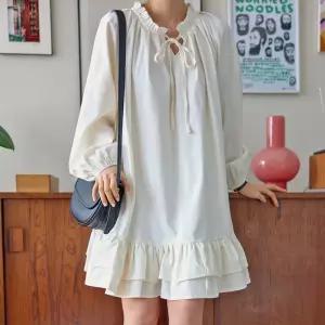 캉캉 프릴 핀턱 라운드넥 미니 원피스 퍼프 긴팔 여성 빅사이즈