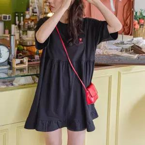 하트 자수 프릴 셔랑 반팔 롱 티셔츠 면 루즈핏 여성 빅사이즈