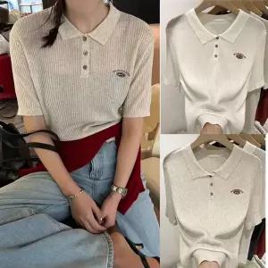 부드러운 여름 여리무드 자수포인트 카라 반팔 니트 프린팅티 크롭티 여자흰