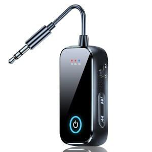 블루투스 5.4 송신기 수신기, TV, PC, 비행기, 자동차, 홈 스테레오용 3.5mm 보조 잭을 갖춘 2-in-1 무선 오디오 어댑터 | HD 및 저지연 핸즈프리 통화 배터리 수명 15시간