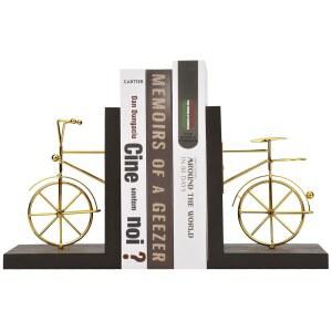 SPIRETRO BICYCLE 디스플레이, 바닥이 있는 및 수제 골든 & 책장 브라운 장식용 책상용 디스트레스드 목재 1쌍, 북엔드 지지대, 사무실 방지 금속 미끄럼 책 스탠드, 스토퍼,