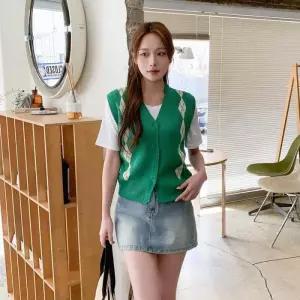 여자 브이넥 아가일 니트 베스트 봄 여름 조끼