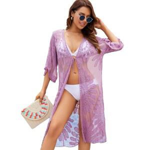 모스 로즈 수영복 커버 메쉬 롱 34 플로럴 비치 레이스 여성 가디건 소매 기모노