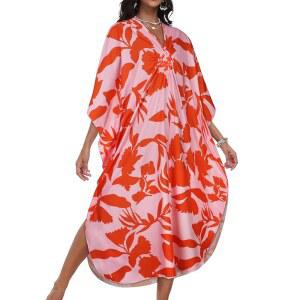 CHICGAL 여성 브이넥 카프탄 비치 커버업 롱 여름 배트윙 슬리브 사이즈 플러스 드레스 수영복