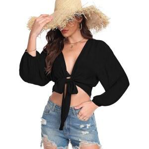 여성 타이 가디건 프론트 셔츠 수영복 비치 긴팔 커버업 크롭