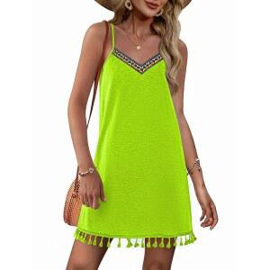 AI MAGE V 스파게티 수영복 수영 커버 스트랩 S3XL 여성 드레스 커버업 태슬 비치 넥 민소매