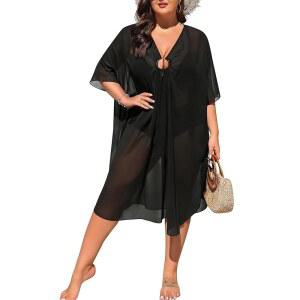 SWOMOG 여성 키홀 비치웨어 커버 플러스 수영복 커버업 사이즈 비키니 브이넥 여름 쉬폰