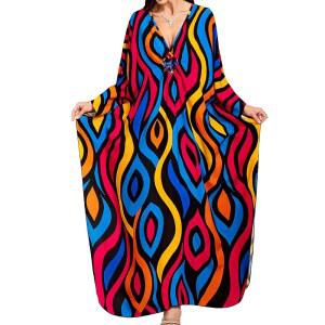 얀질리우 여성 플러스 비치 슬리브 배트윙 커버 카프탄 여름 브이넥 프린트 사이즈 드레스 플로럴