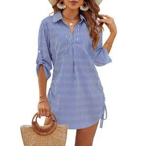 블루밍 젤리 여성 커버업 비치 셔츠 드레스 비키니 수영복 드로스트링