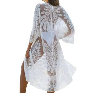 블루밍 젤리 기모노 커버업 여성 메시 비치 가디건 34 롱 여름 타이 슬리브 프론트 자수 수영복 레이스