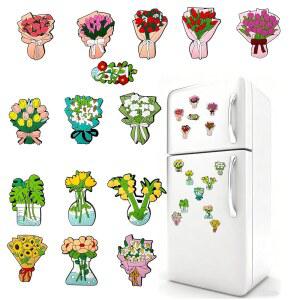 VINSIORA 꽃무늬 장식을 생생한 (꽃 사무실 자석 테마 사물함 부케 다채로운 독특한 위한 부케) 디자인 냉장고 홈 세트 꽃병 주방 패턴의 액세서리 15개
