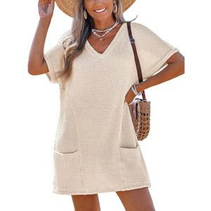 여성 와플 반팔 커버업 커버드레스 V넥 비치 컵쉬 포켓 니트 수영복