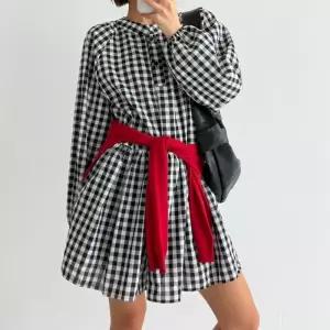 여자 고방체크 나그랑 버튼 면 미니원피스