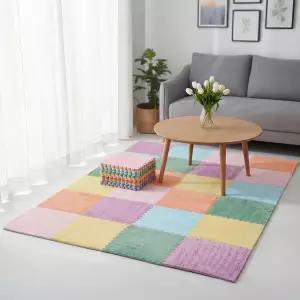 티니데야 12개 플러시 연동 카펫 타일 파스텔 색상 12 x 0.4 인치 사각형 EVA 폼 세탁기 세척 가능 미끄럼