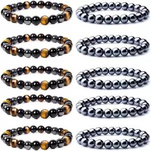WAINIS 10개입 8mm 블랙 헤마타이트 자석 비드 테라피 팔찌 남성 여성용 스톤 스트레스 트리플 보호