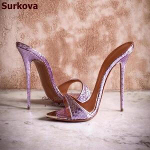 Surkov 핑크 Snskesk 골드 메탈 스틸 팁 토 샌들, 한 파이썬 패턴 하이힐, 모던 슬, 슬립온 원피스 슈즈