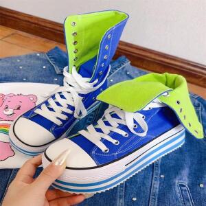 여성용 짧은 발목 부츠, 하이 웨지 힐 펌프스, 레이디 원피스 파티 신발, 라운드 토 블루컬러 캔버스 33-47