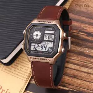 카시오 AE-1200WHL-5A 레트로 사각 골드 브라운 캐쥬얼 남자 가죽 시계 d1