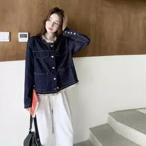 엘럽 여성 청 네이비 빈티지 가을 재킷 쇼트 코트 체크 라운드 원템3