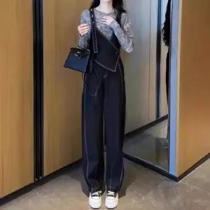 여자 봄 트렌드 핏예쁜 이른 정장세트 솔리드 얇은 점프슈트 세트 방풍 쿨링 상의+디자이너 나염 어깨끈 슬