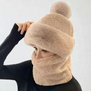 여성 방한 일체형 밍크 퍼 모자 넥워머 겨울 목도리 워머 머플러