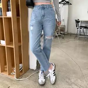 |KMP95C8|여성 하이웨스트 찢어진 스트레이트 청바지