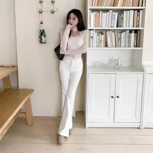 |KMH4337|여성 시스루 긴팔 레이스 초커 블라우스 슬림핏