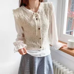 |CMD2941|여성 프릴 쉬폰 블라우스와 펀칭 면 니트 조끼 세트
