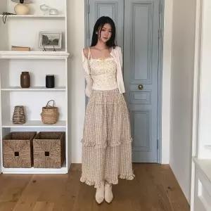 |CMK1A04|여성용 로맨틱 체크 패턴 프릴 롱 스커트 나들이용 여리핏