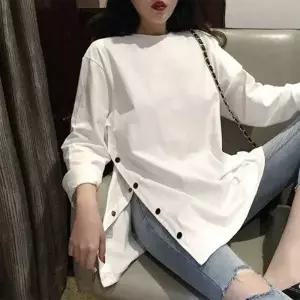 [RIZPICK]옆트임 단추 포인트 롱티셔츠 힙 롱티 옆라인 슬릿 루즈핏 티셔츠