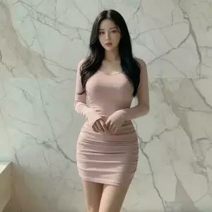 아트박스/신상오픈런 여성용 슬림핏 셔링 미니 원피스 봄가을용 긴팔