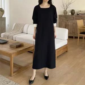 국산 여성 스퀘어넥 오버핏 임부 배색 롱원피스 LL-WDR-5154-블랙