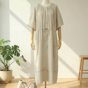 여성 셔링 라운드넥 허리스트링 반팔 롱 원피스 JR-WDR-5169-베이지