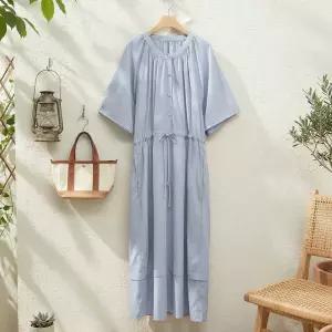 여성 셔링 라운드넥 허리스트링 반팔 롱 원피스 JR-WDR-5169-스카이블루