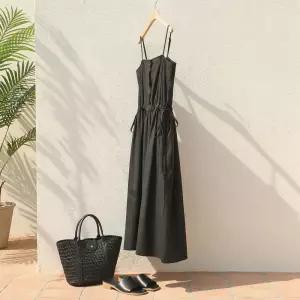 여성 끈나시 허리스트링 레이어드 롱 원피스 JR-WDR-5170-블랙