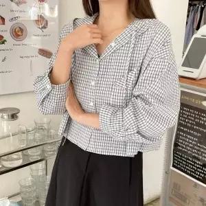 [다잇템] 여자 격자 코튼 빅사이즈 세미크롭 후디 셔츠_24742451_588872