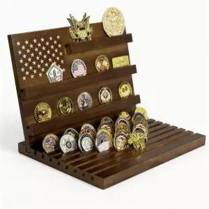 챌린지 코인 디스플레이 홀더 미국 국기가 그려진 11열 솔리드 우드 밀리터리 80-90 수집가용 데스크톱