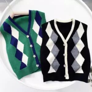 |CCJ6DC9|여성 브이넥 아가일 니트 조끼 캠퍼스 데일리룩 베스트