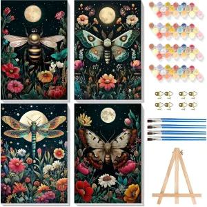 프레임이 있는 블레이험 4팩 페인트 캔버스 위의 빈티지 곤충 나무 이젤이 숫자 키트 성인 초보자용 DIY 홈