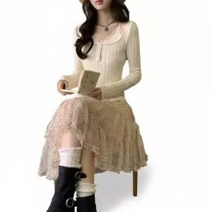 CCK19E7여성용 봄 여름 시스루 도트 프릴 미니 스커트