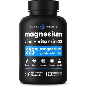 NutraChamps 마그네슘 아연 및 D3 보충제 - 가장 많은 생물학적 형태; 글리신산염, 말산산염, 구연산염 뼈, 근육 심장 , 면역 지원 120 캡슐